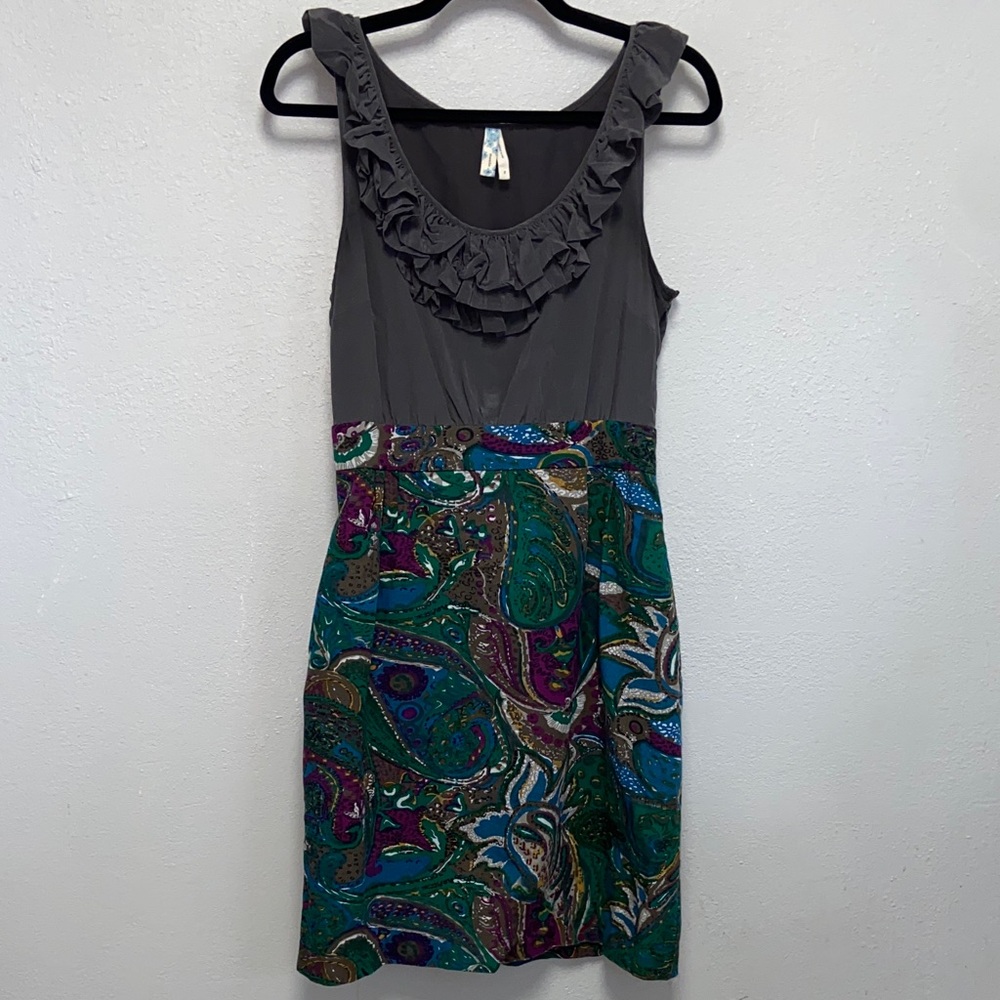 Anthropologie Seaside Fields Gray Bodice Paisley Skirt Pockets Sleeveless Dress
